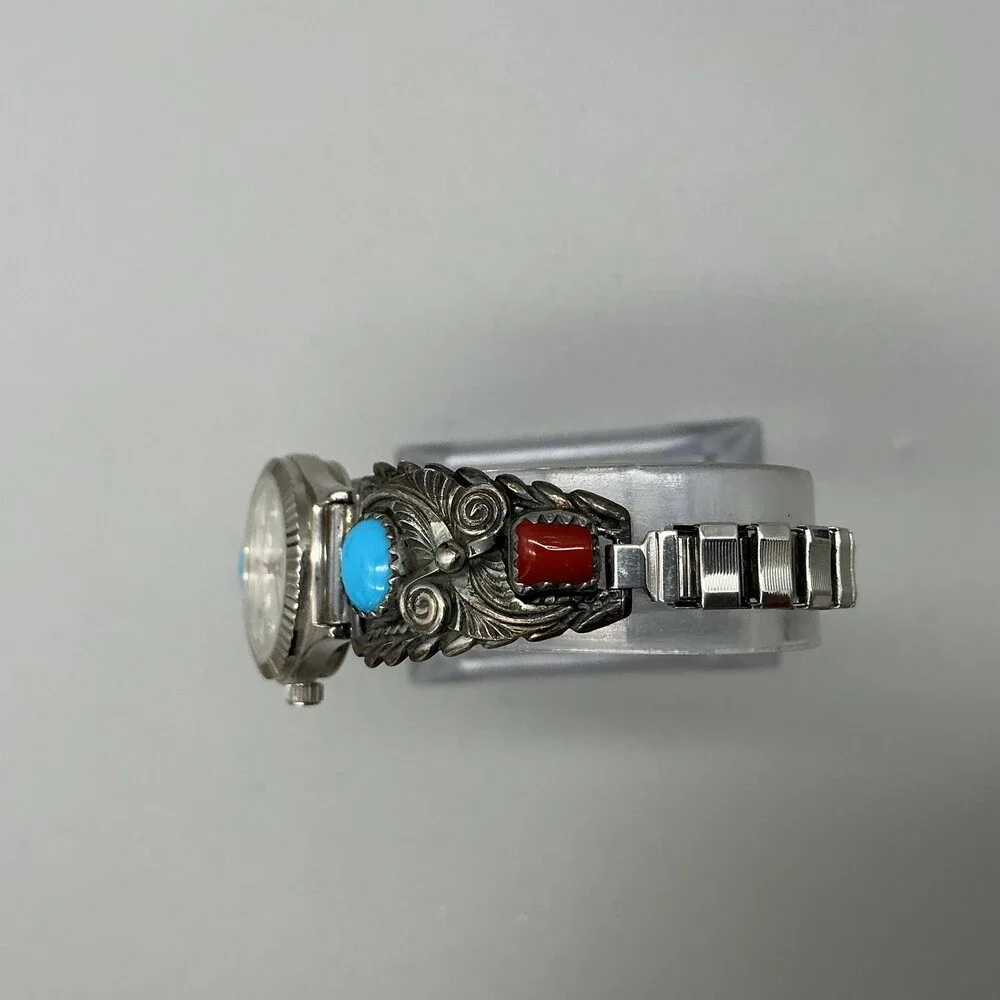 Vtg Quartex Womens Watch 21mm Stamped Sterling Turquoise Coral New Battery